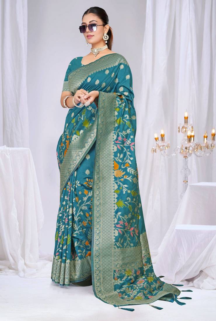  Teal silk blend Saree with Zari & Floral Thread Work