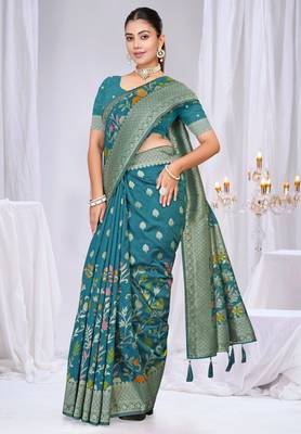  Teal silk blend Saree with Zari & Floral Thread Work 2