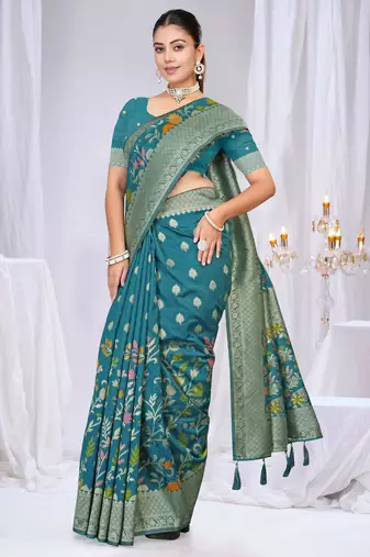  Teal silk blend Saree with Zari & Floral Thread Work