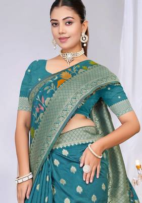  Teal silk blend Saree with Zari & Floral Thread Work 3