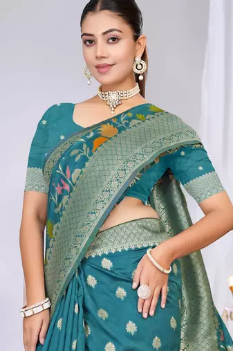  Teal silk blend Saree with Zari & Floral Thread Work