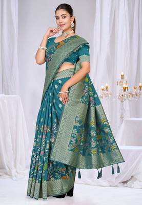  Teal silk blend Saree with Zari & Floral Thread Work 4