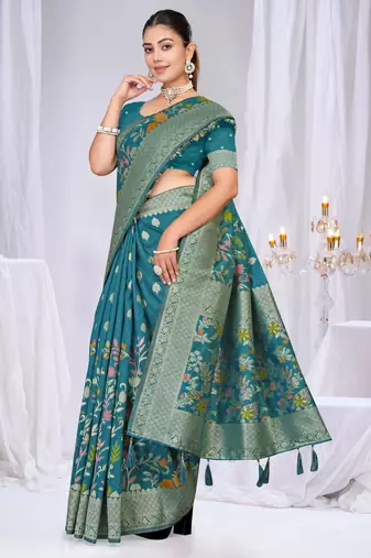  Teal silk blend Saree with Zari & Floral Thread Work