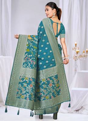  Teal silk blend Saree with Zari & Floral Thread Work 5