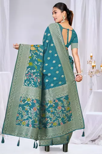  Teal silk blend Saree with Zari & Floral Thread Work