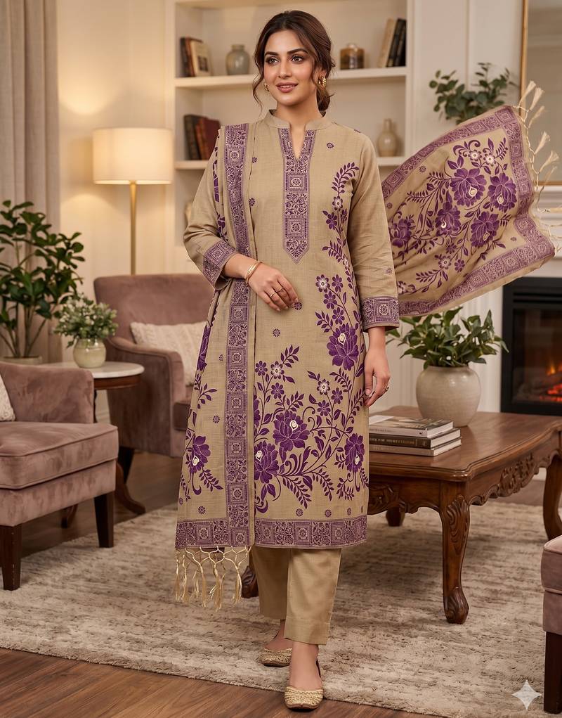 Muga cotton jamdani salwar suit dress material with pichwai weaving on top and dupatta with bottom