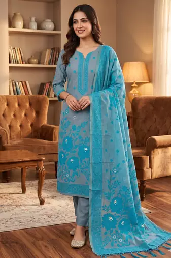 Muga cotton jamdani salwar suit dress material with pichwai weaving on top and dupatta with bottom