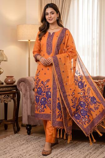 Muga cotton jamdani salwar suit dress material with pichwai weaving on top and dupatta with bottom