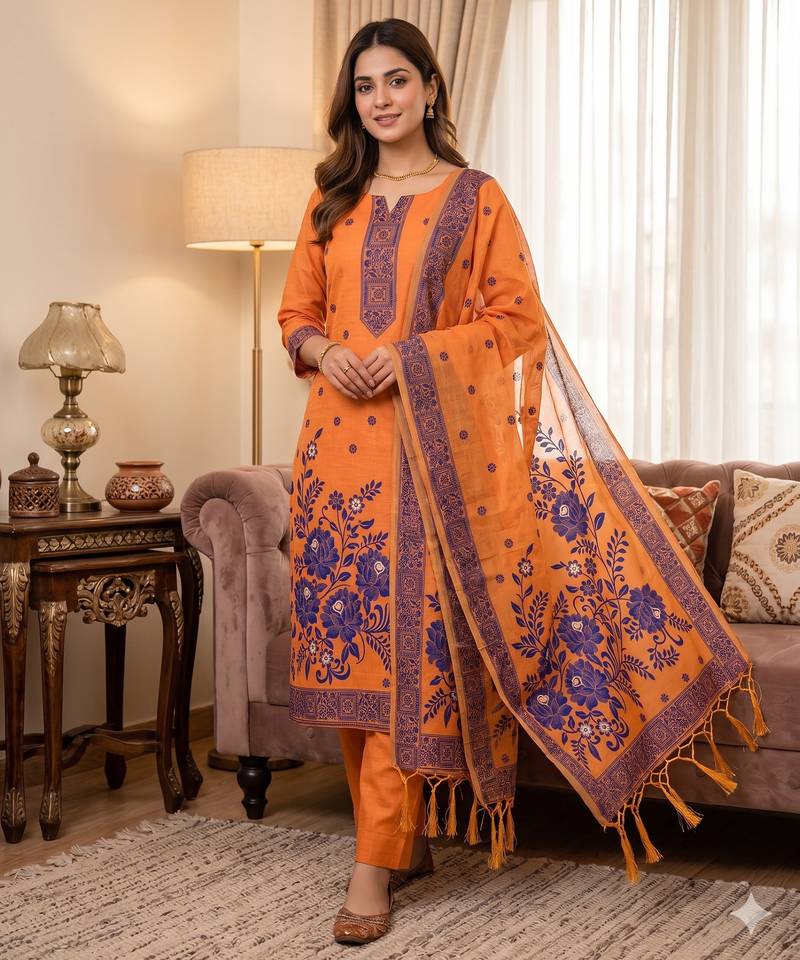 Muga cotton jamdani salwar suit dress material with pichwai weaving on top and dupatta with bottom