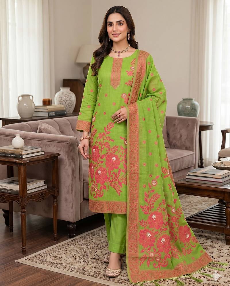 Muga cotton jamdani salwar suit dress material with pichwai weaving on top and dupatta with bottom