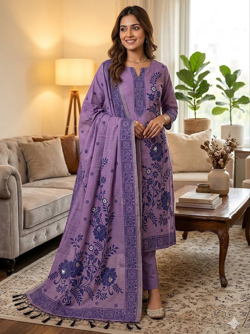 Muga cotton jamdani salwar suit dress material with pichwai weaving on top and dupatta with bottom