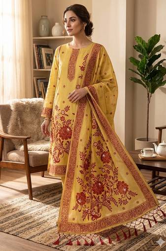 Muga cotton jamdani salwar suit dress material with pichwai weaving on top and dupatta with bottom