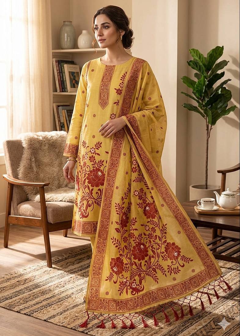 Muga cotton jamdani salwar suit dress material with pichwai weaving on top and dupatta with bottom