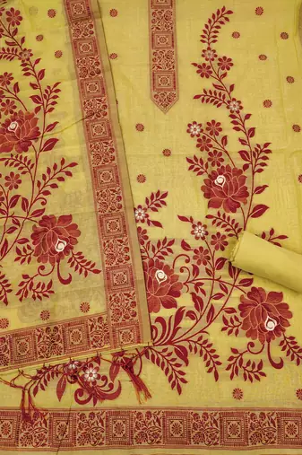 Muga cotton jamdani salwar suit dress material with pichwai weaving on top and dupatta with bottom