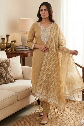 Muga cotton jamdani salwar suit dress material with pichwai weaving on top and dupatta with bottom