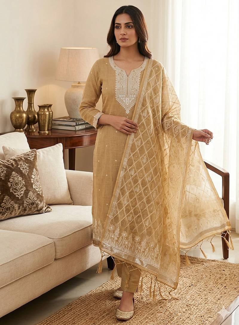Muga cotton jamdani salwar suit dress material with pichwai weaving on top and dupatta with bottom