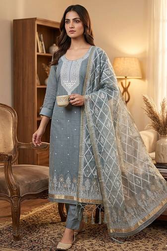 Muga cotton jamdani salwar suit dress material with pichwai weaving on top and dupatta with bottom
