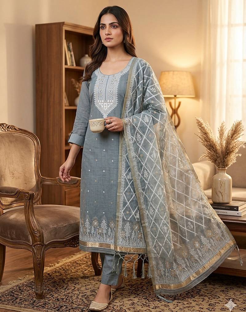 Muga cotton jamdani salwar suit dress material with pichwai weaving on top and dupatta with bottom