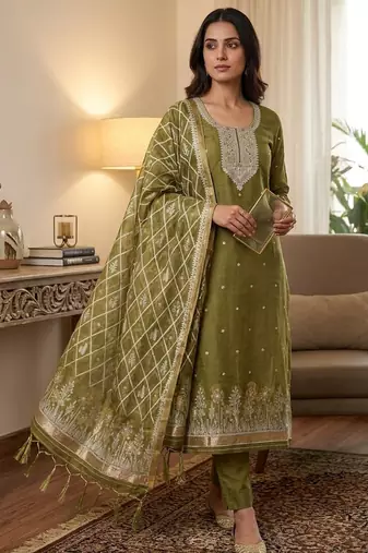 Muga cotton jamdani salwar suit dress material with pichwai weaving on top and dupatta with bottom