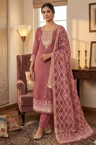 Muga cotton jamdani salwar suit dress material with pichwai weaving on top and dupatta with bottom