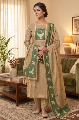 Muga cotton jamdani salwar suit dress material with pichwai weaving on top and dupatta with bottom