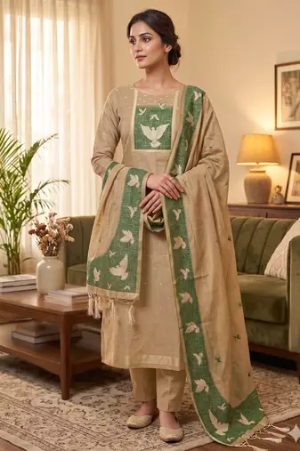 Muga cotton jamdani salwar suit dress material with pichwai weaving on top and dupatta with bottom