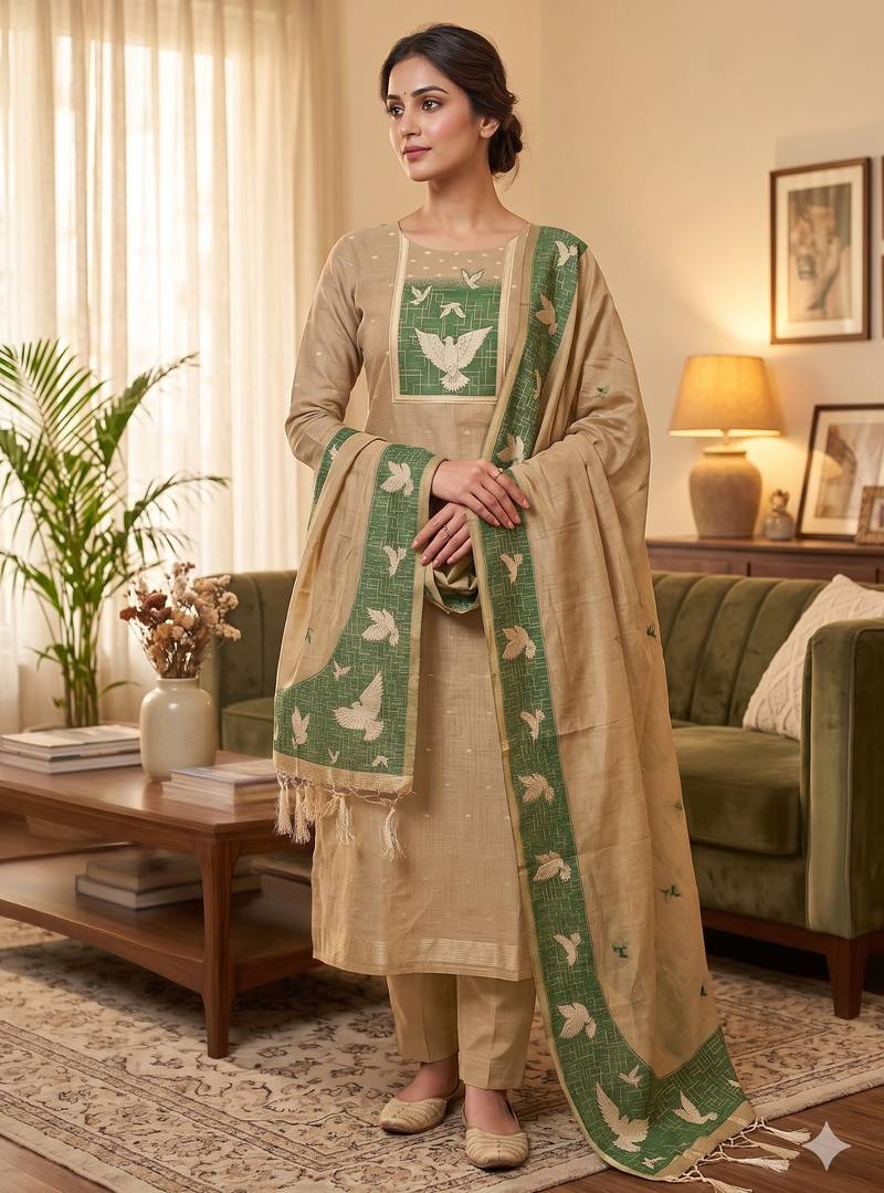 Muga cotton jamdani salwar suit dress material with pichwai weaving on top and dupatta with bottom