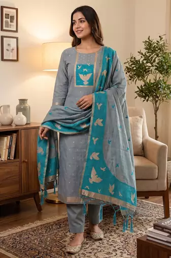 Muga cotton jamdani salwar suit dress material with pichwai weaving on top and dupatta with bottom