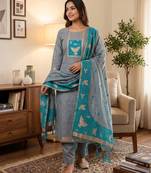 Muga cotton jamdani salwar suit dress material with pichwai weaving on top and dupatta with bottom