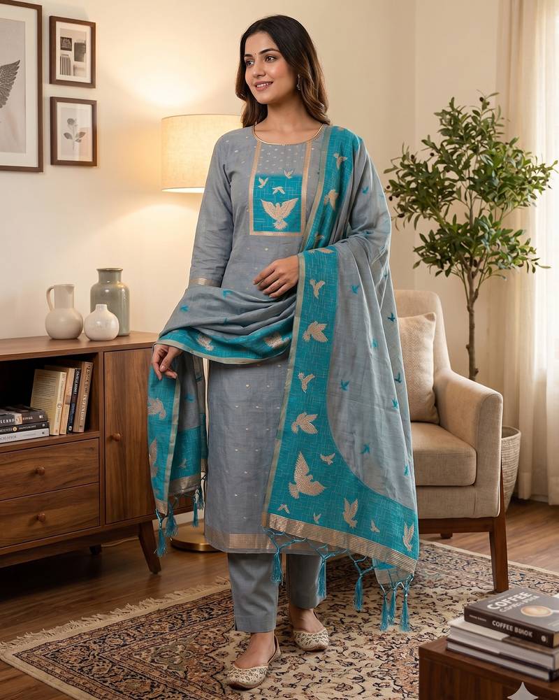 Muga cotton jamdani salwar suit dress material with pichwai weaving on top and dupatta with bottom