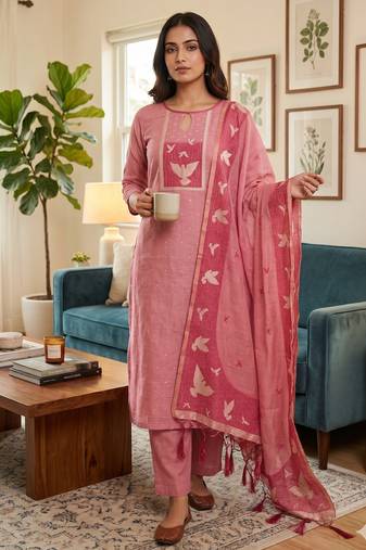 Muga cotton jamdani salwar suit dress material with pichwai weaving on top and dupatta with bottom
