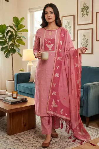 Muga cotton jamdani salwar suit dress material with pichwai weaving on top and dupatta with bottom