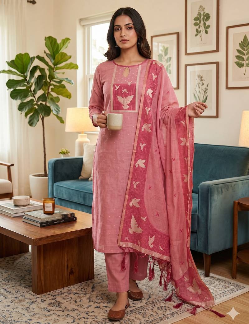 Muga cotton jamdani salwar suit dress material with pichwai weaving on top and dupatta with bottom