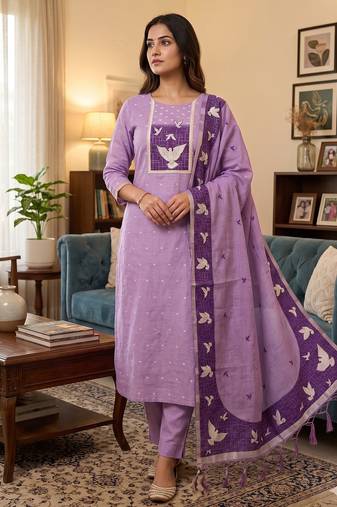 Muga cotton jamdani salwar suit dress material with pichwai weaving on top and dupatta with bottom