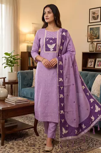 Muga cotton jamdani salwar suit dress material with pichwai weaving on top and dupatta with bottom