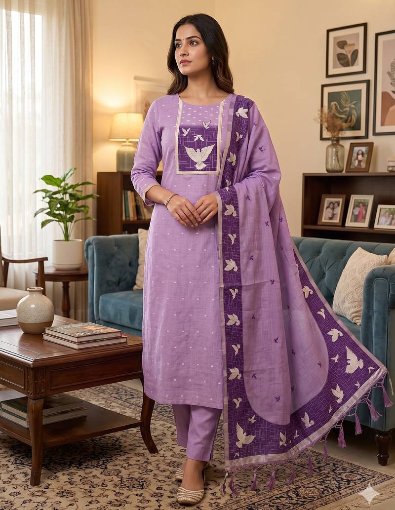 Muga cotton jamdani salwar suit dress material with pichwai weaving on top and dupatta with bottom