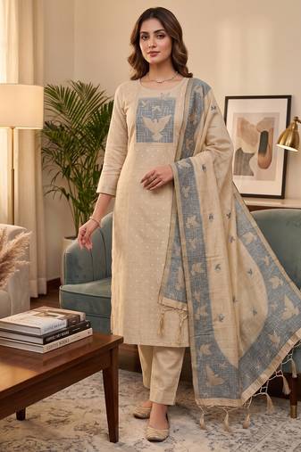Muga cotton jamdani salwar suit dress material with pichwai weaving on top and dupatta with bottom