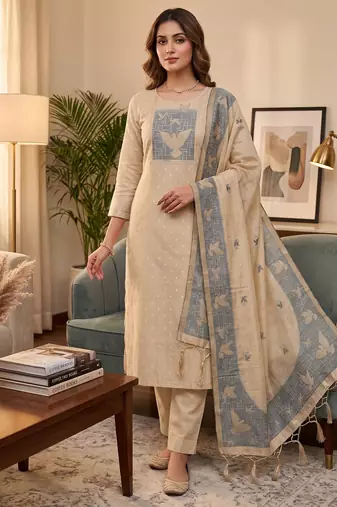 Muga cotton jamdani salwar suit dress material with pichwai weaving on top and dupatta with bottom