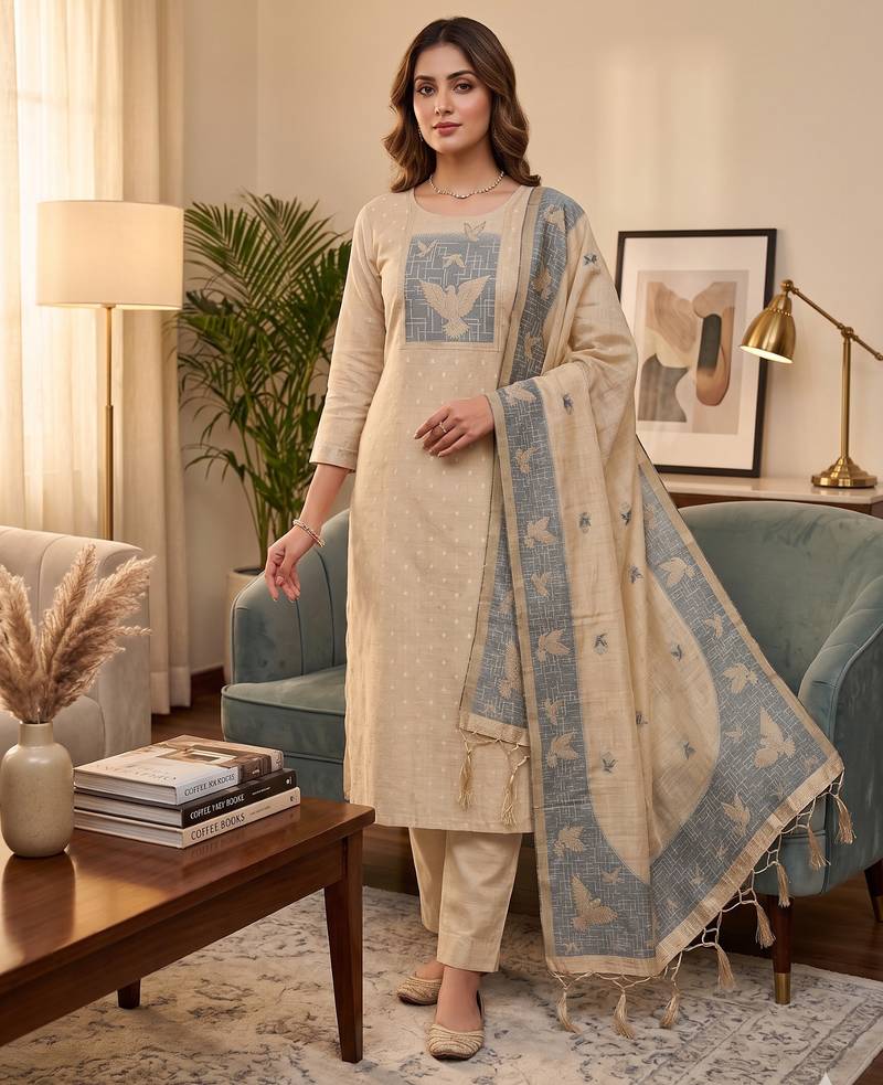 Muga cotton jamdani salwar suit dress material with pichwai weaving on top and dupatta with bottom