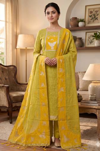 Muga cotton jamdani salwar suit dress material with pichwai weaving on top and dupatta with bottom