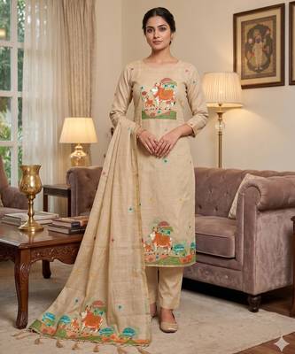 Muga cotton jamdani salwar suit dress material with pichwai weaving on top and dupatta with bottom 1