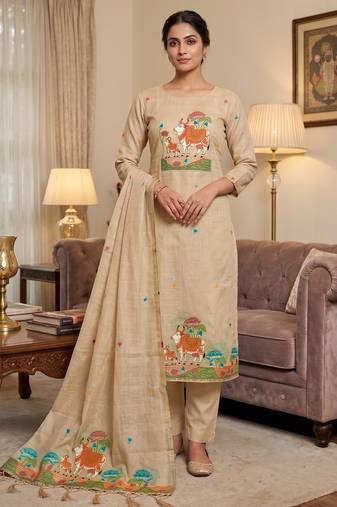 Muga cotton jamdani salwar suit dress material with pichwai weaving on top and dupatta with bottom