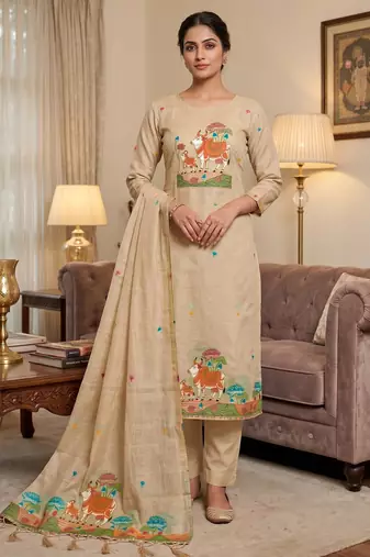 Muga cotton jamdani salwar suit dress material with pichwai weaving on top and dupatta with bottom