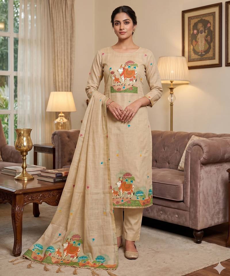 Muga cotton jamdani salwar suit dress material with pichwai weaving on top and dupatta with bottom
