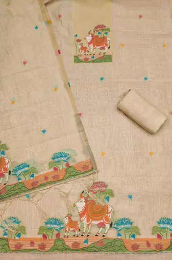 Muga cotton jamdani salwar suit dress material with pichwai weaving on top and dupatta with bottom