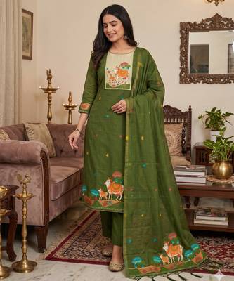 Muga cotton jamdani salwar suit dress material with pichwai weaving on top and dupatta with bottom 1