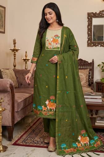 Muga cotton jamdani salwar suit dress material with pichwai weaving on top and dupatta with bottom