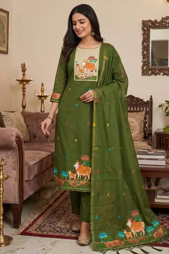 Muga cotton jamdani salwar suit dress material with pichwai weaving on top and dupatta with bottom