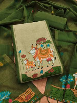 Muga cotton jamdani salwar suit dress material with pichwai weaving on top and dupatta with bottom 2