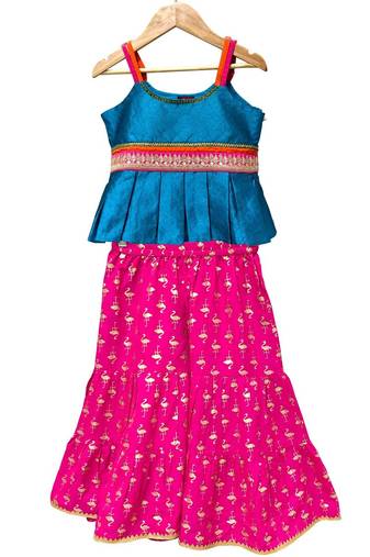 Blue & pink  embellished polyester top with sharara ethnic wear